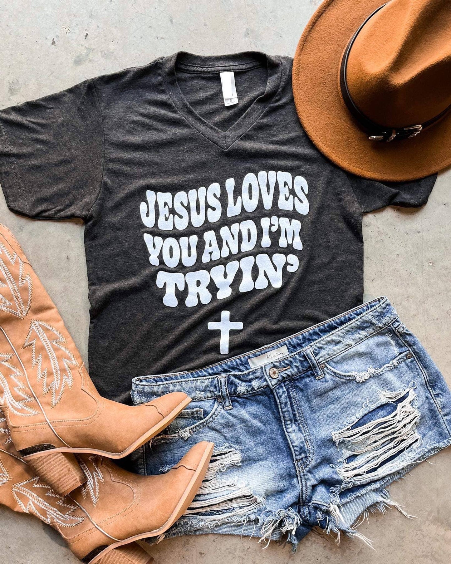 Jesus Loves You And I'm Tryin' Vneck Graphic Tee