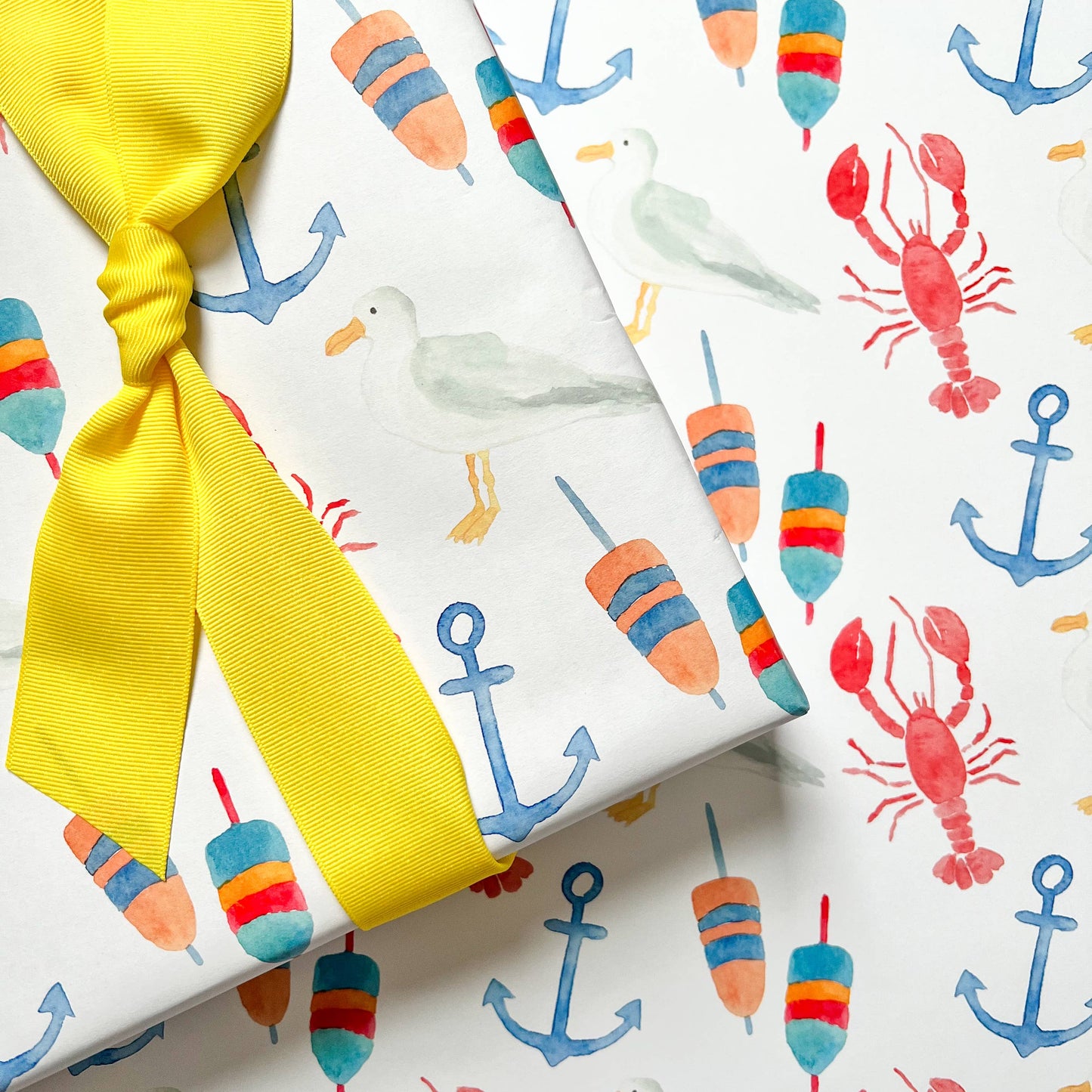 Watercolor Seaside Gift Wrap | Lobsters, Seagulls, Buoys
