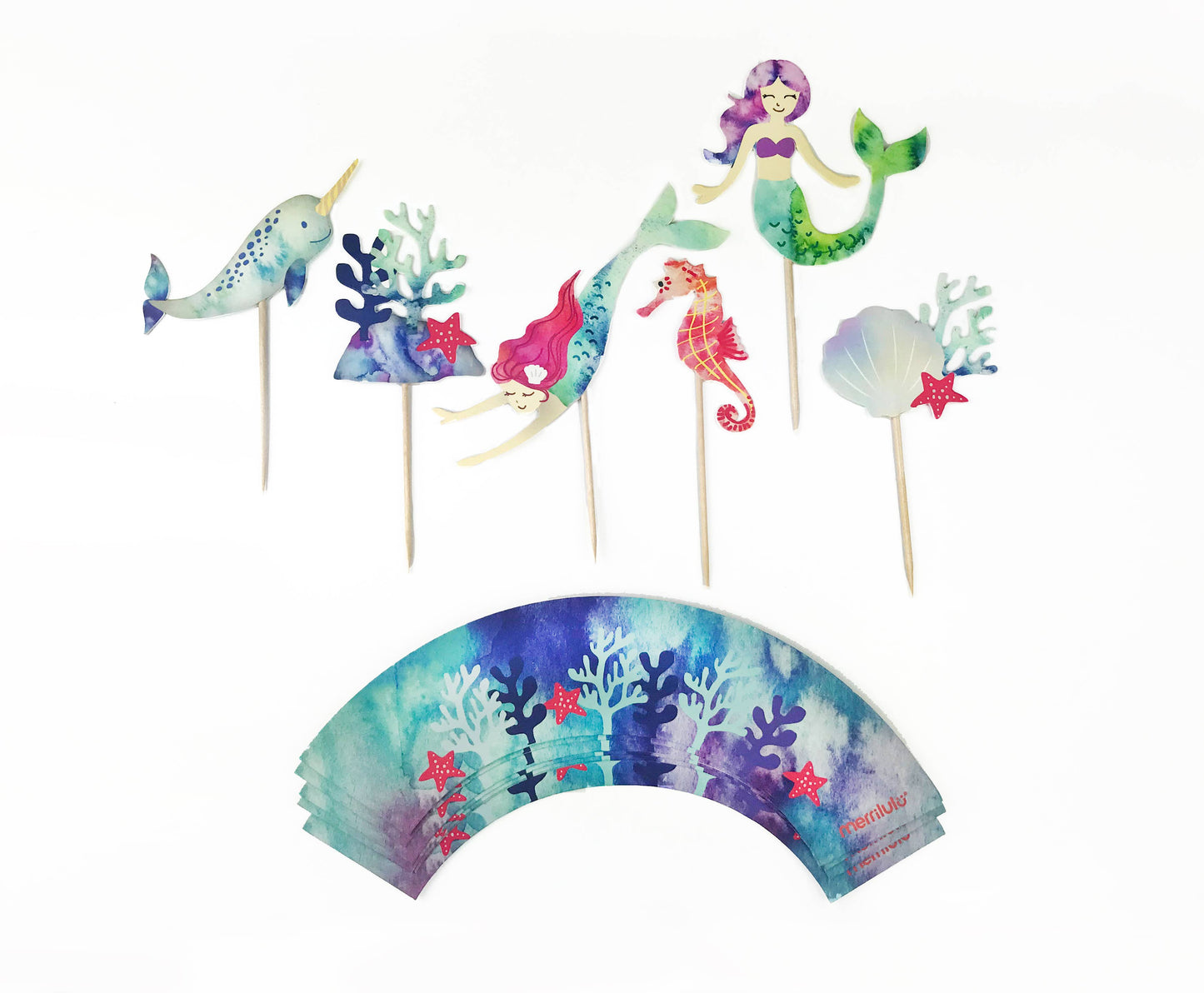 Mermaid and Narwhal - Cupcake Toppers and Wrappers, 12 ct