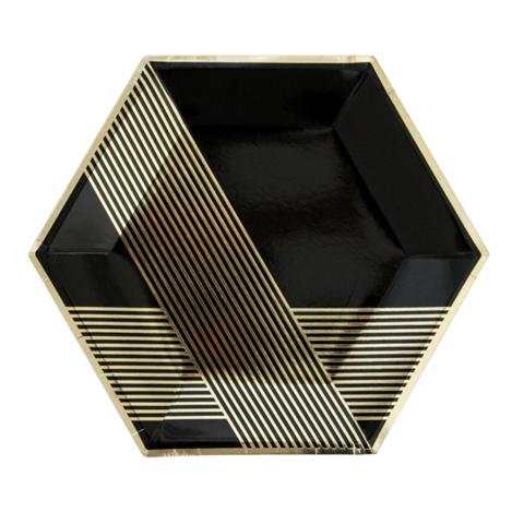 10" Hexagon Plate - Black & Gold - Set of 8
