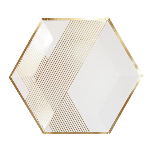 10" Hexagon Plate - White & Gold - Set of 8