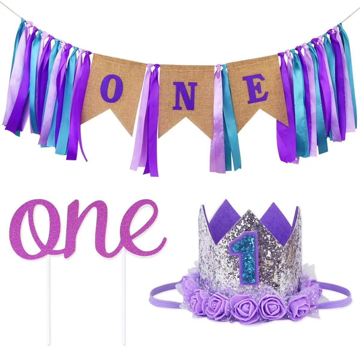 1st Birthday Banner & Crown Set - Purple